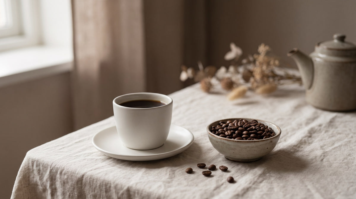 Kop kaffe med en skål kaffebønner