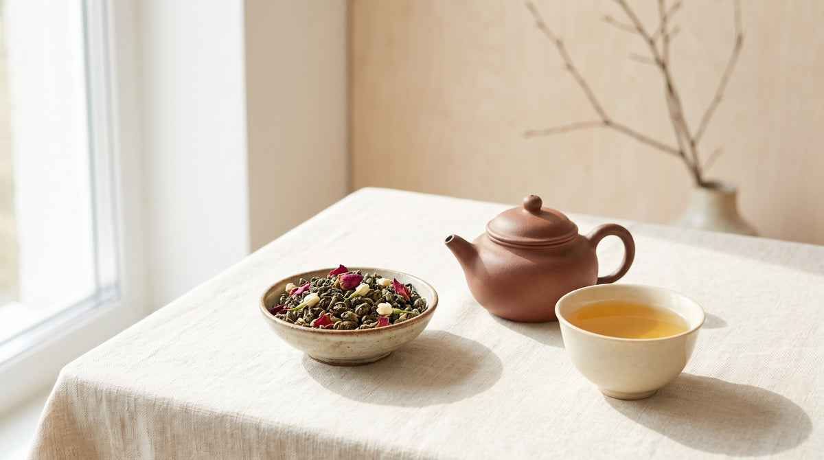 Oolong-te med rosenknopper og jasminblomster ved en lerkande og en kop te